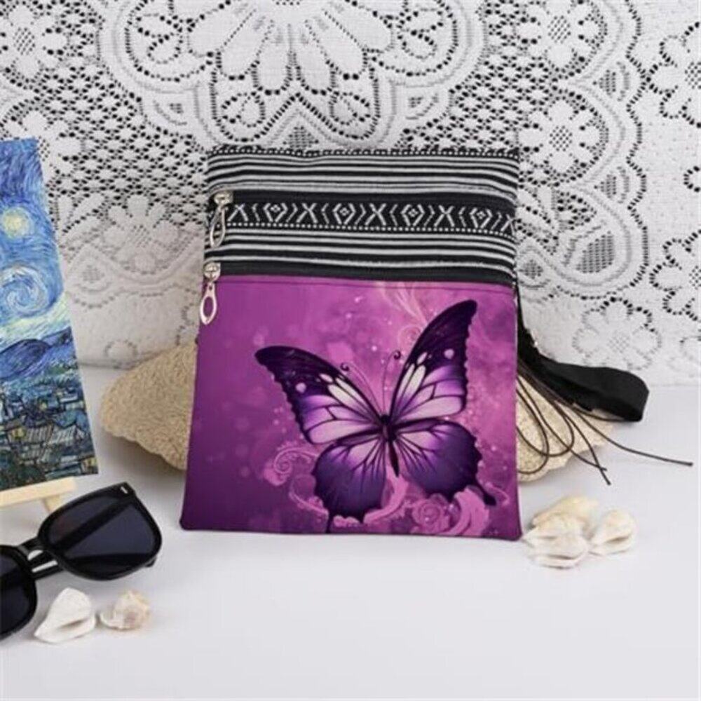Purple Butterfly Floral Print Women Crossbody Bag Outdoor Travel Daily Use Bag